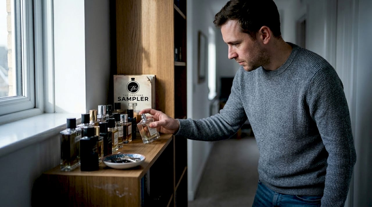 Man storing perfume bottle on hallway shelf