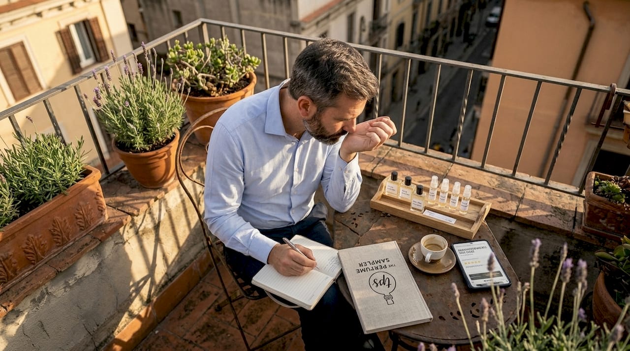 Man testing perfume and journaling impressions