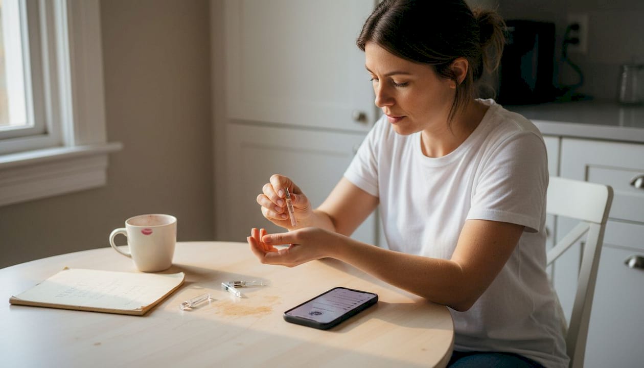 Woman testing perfume sample at kitchen table