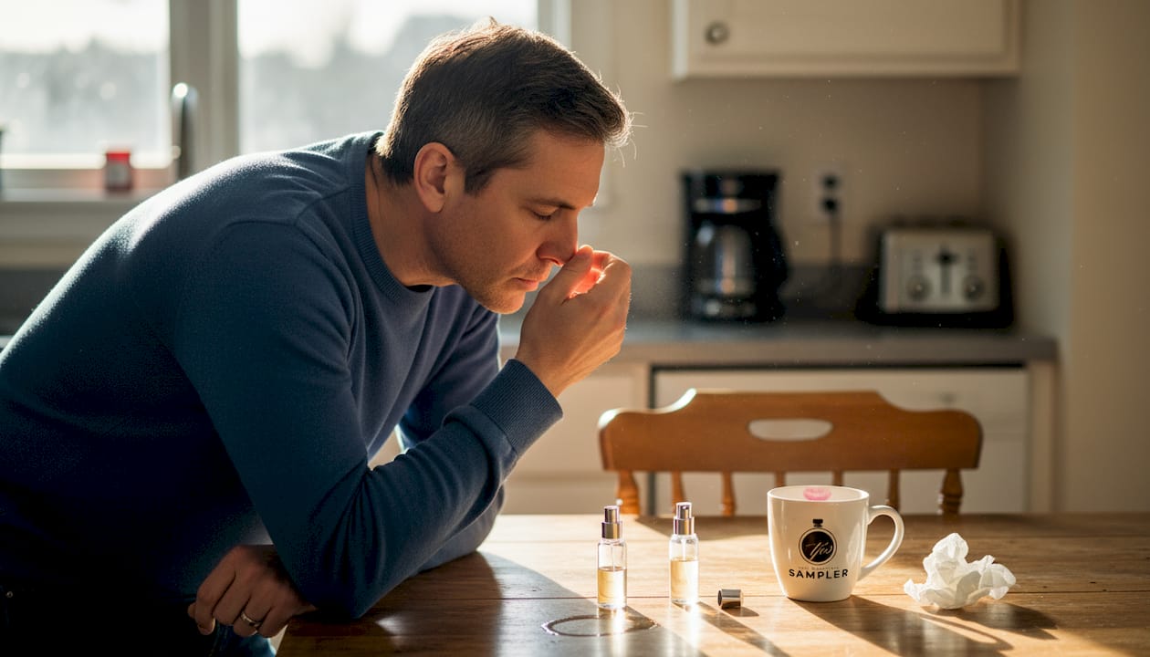Man tests perfume at kitchen table