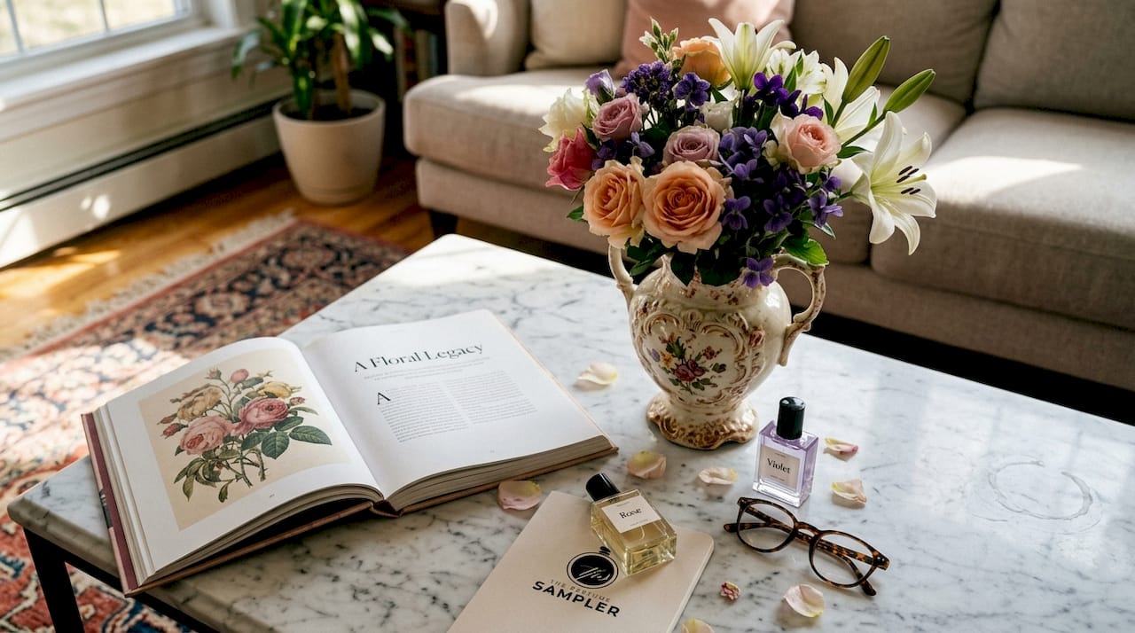 Perfume bottles and floral bouquet on table