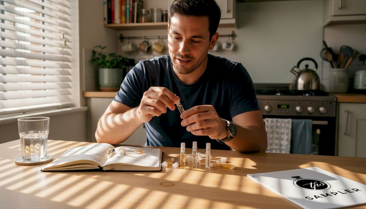 Man layering fragrance samples at kitchen table