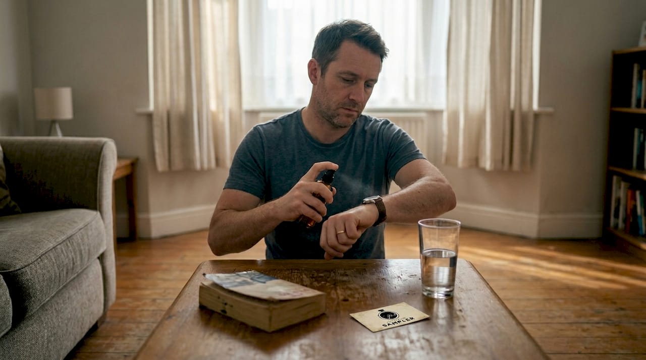 Man testing cologne in lived-in living room