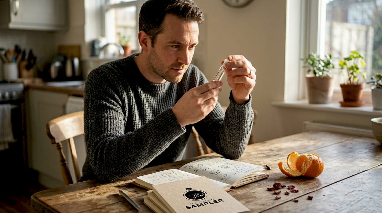 Man examining fragrance ingredients at table