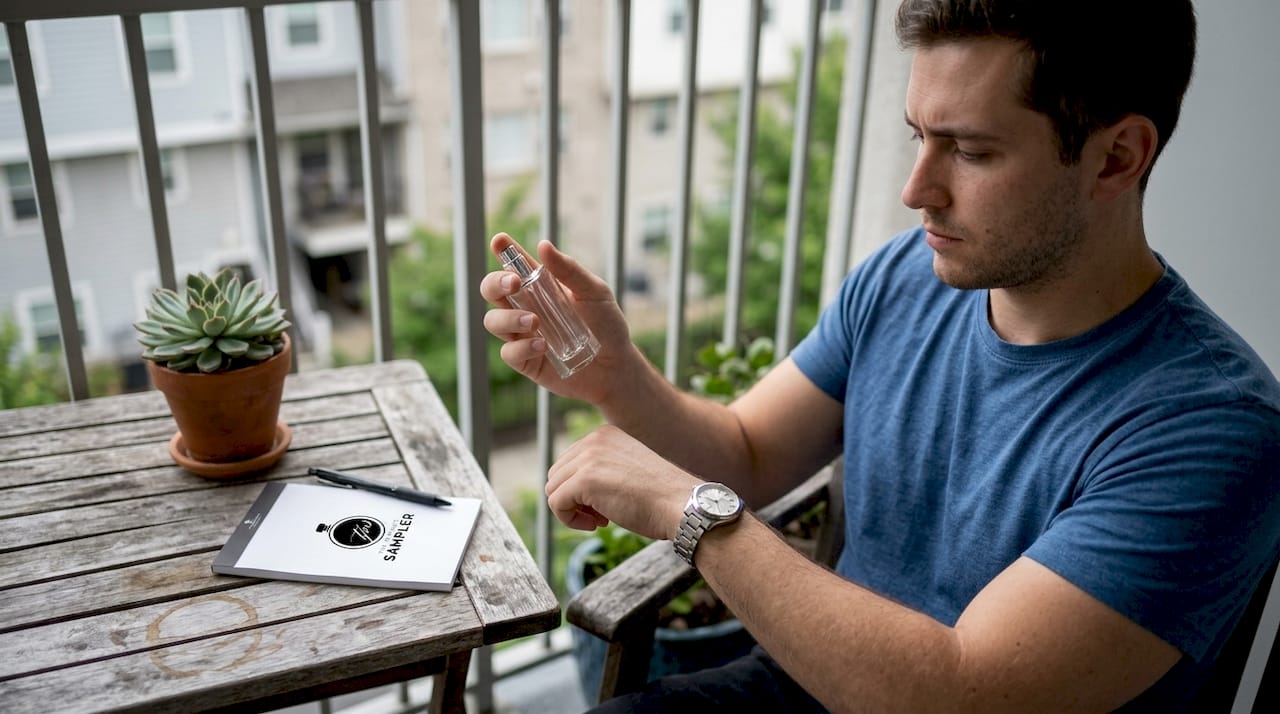 Man checking perfume longevity outdoors