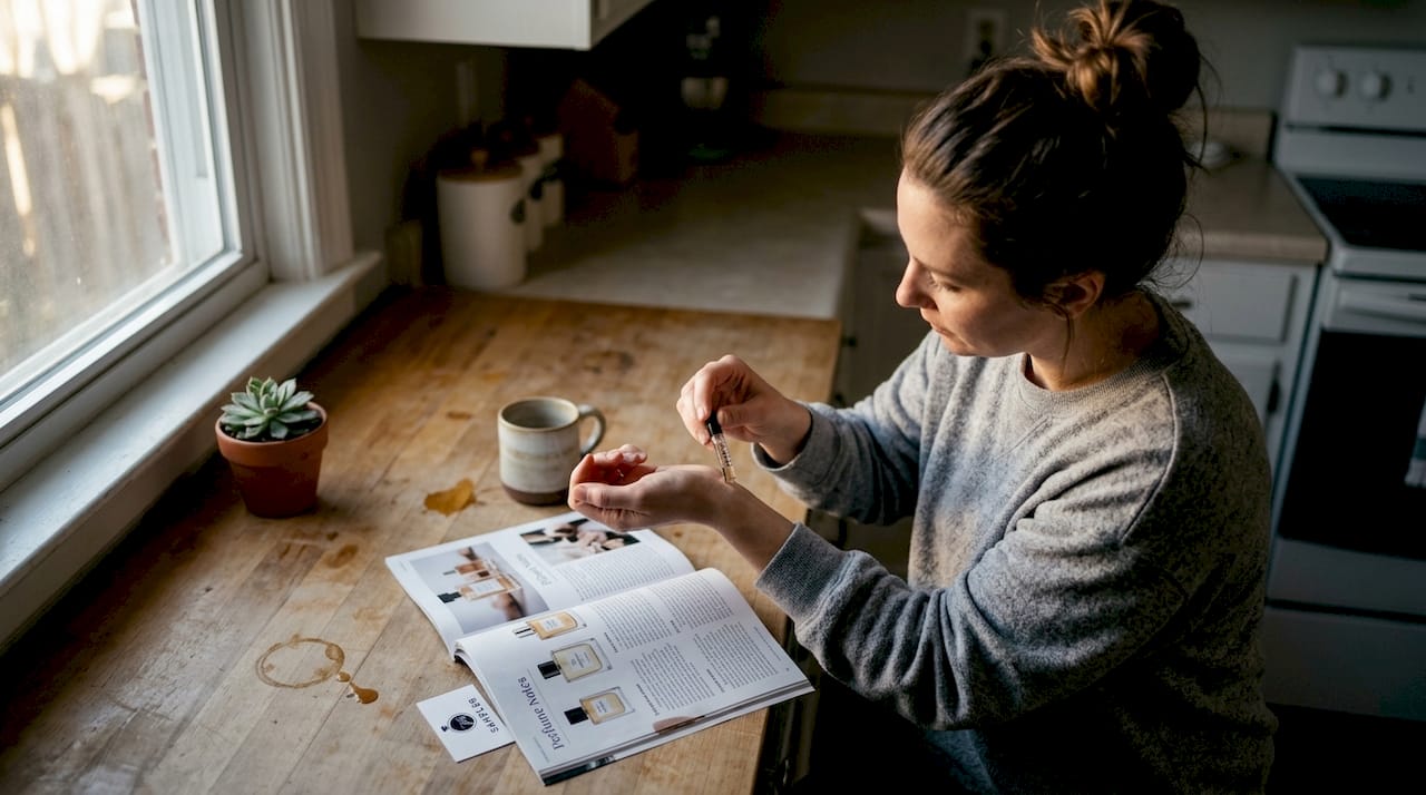 Person testing perfume at kitchen counter