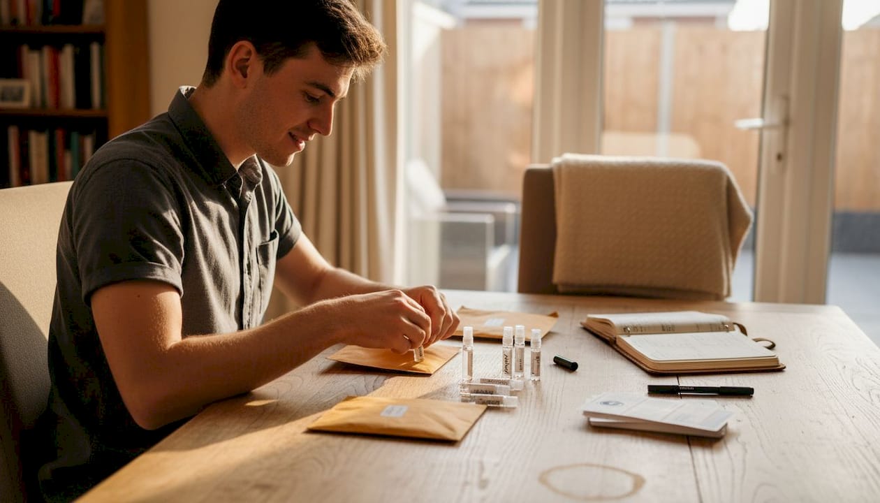 Man preparing fragrance samples at table