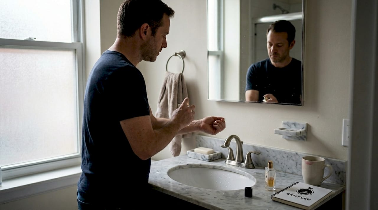 Man applying perfume during morning routine