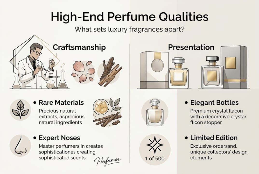 Infographic showing luxury perfume qualities overview