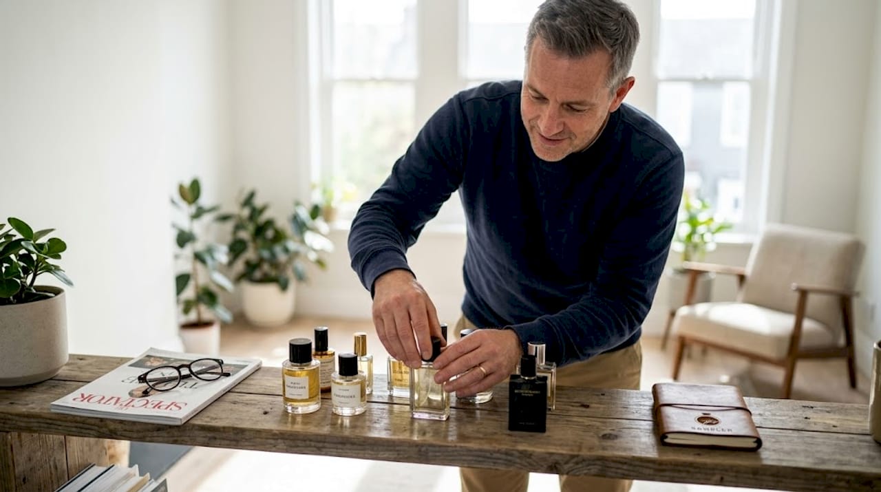 Man organizing fragrance bottles on shelf
