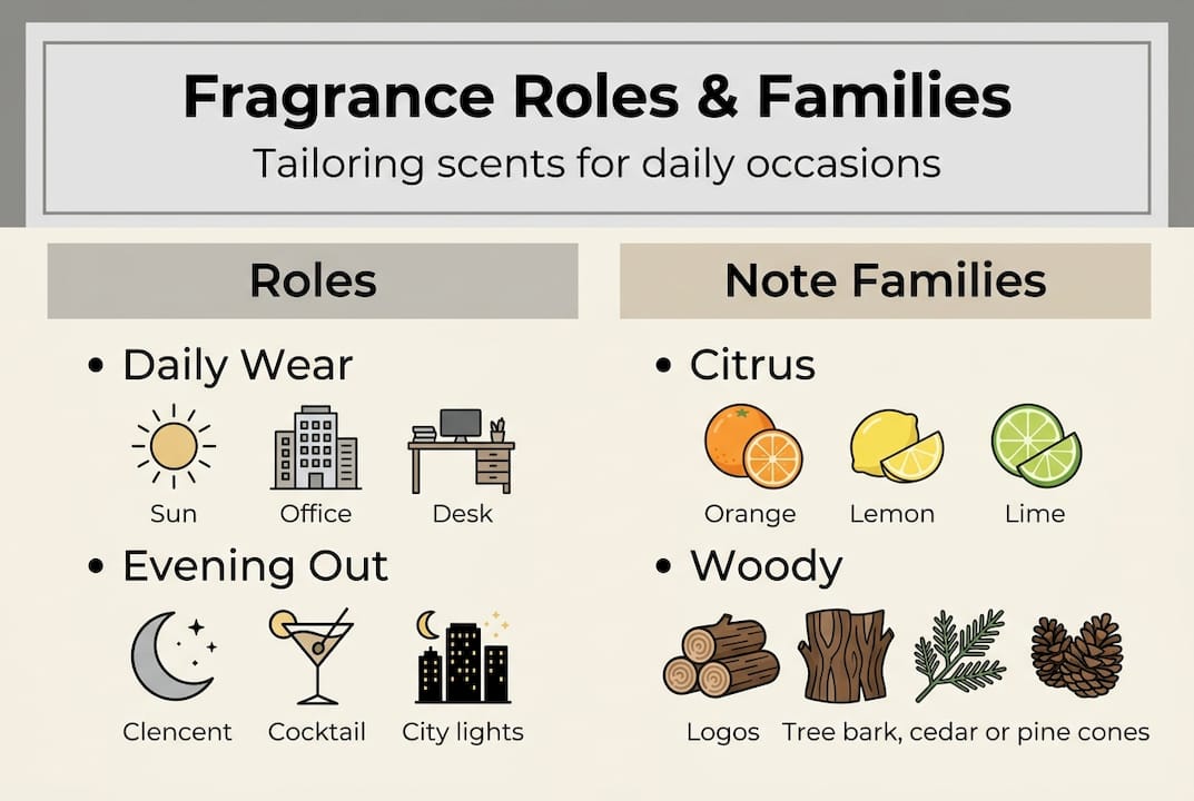 Infographic showing fragrance roles and note families
