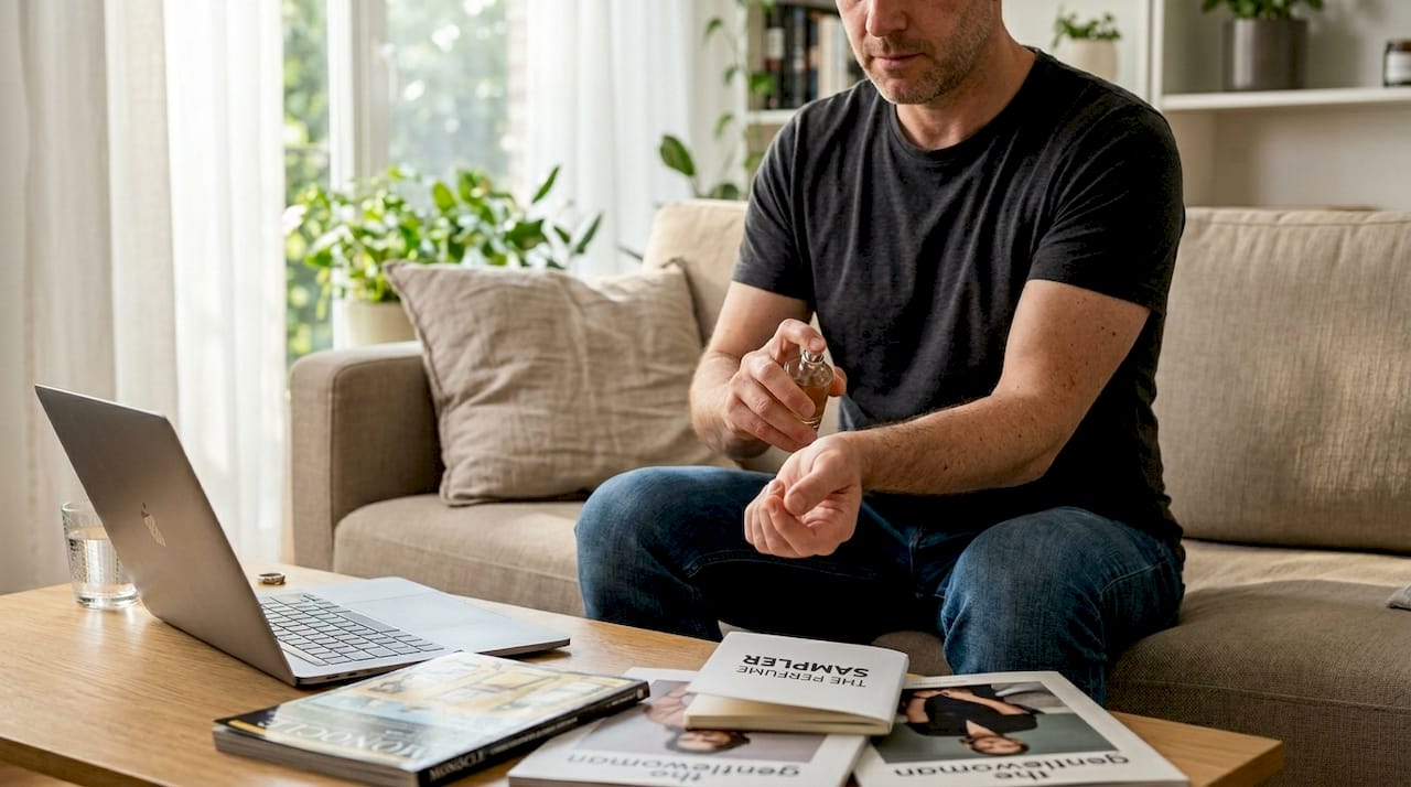 Man applying perfume in bright living room
