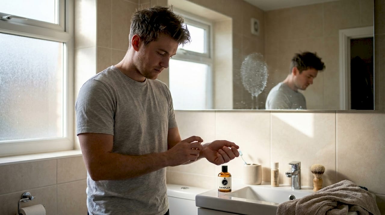 Man applying cologne on wrists in bathroom