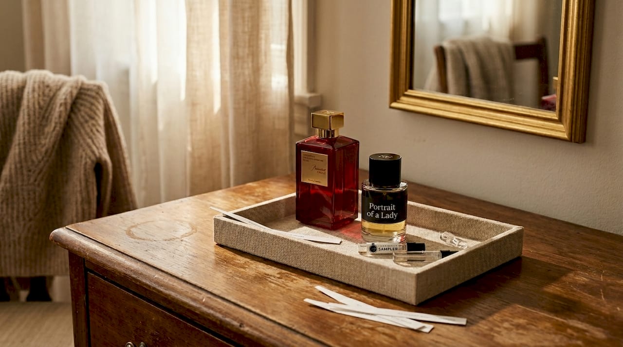 Luxury perfume bottles with samples on dresser