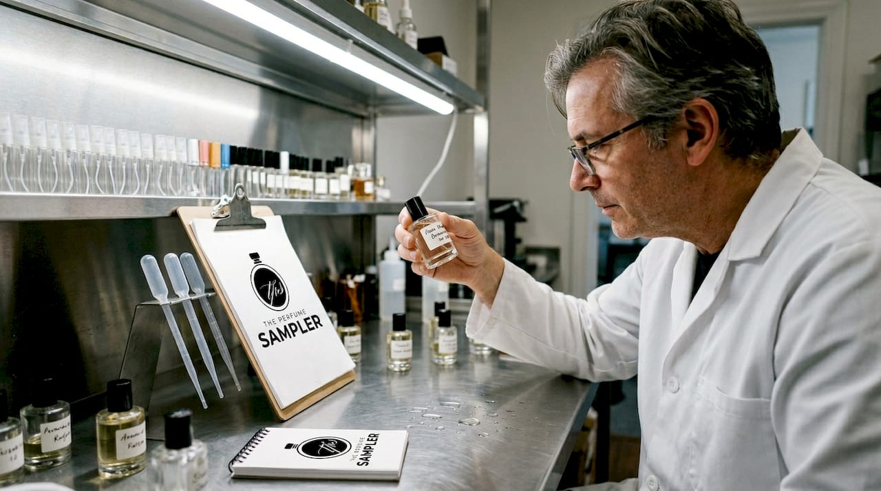 Perfume technician preparing artisanal bottles in lab