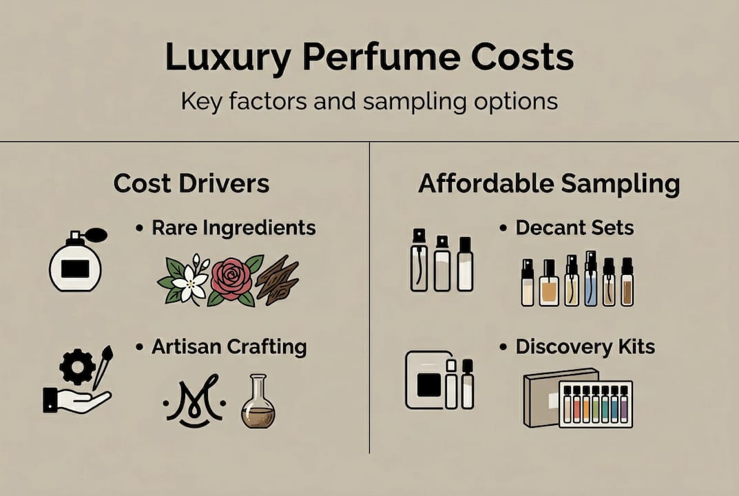 Infographic showing perfume price factors and sampling options