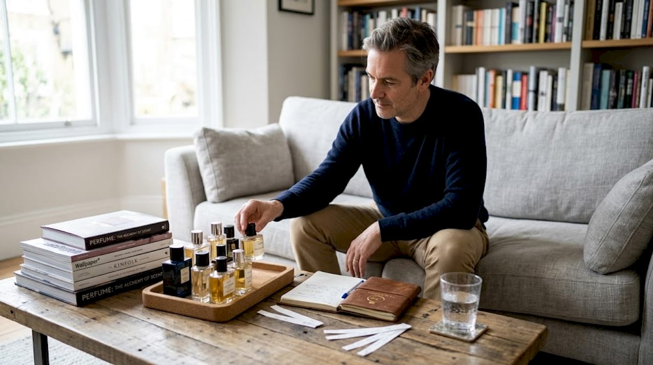 Man comparing perfumes in living room