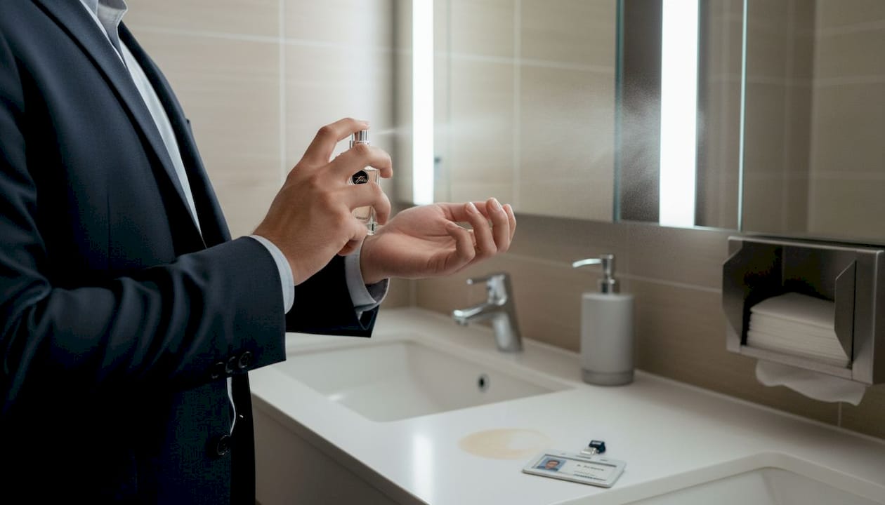 Office worker discreetly applying fragrance
