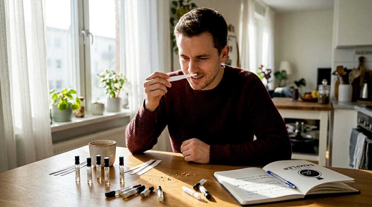 Man testing unisex fragrance samples at home