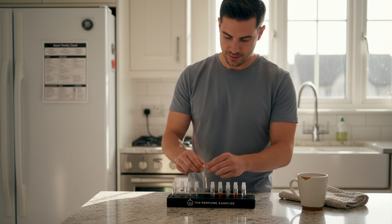 Man arranging fragrance samples in kitchen