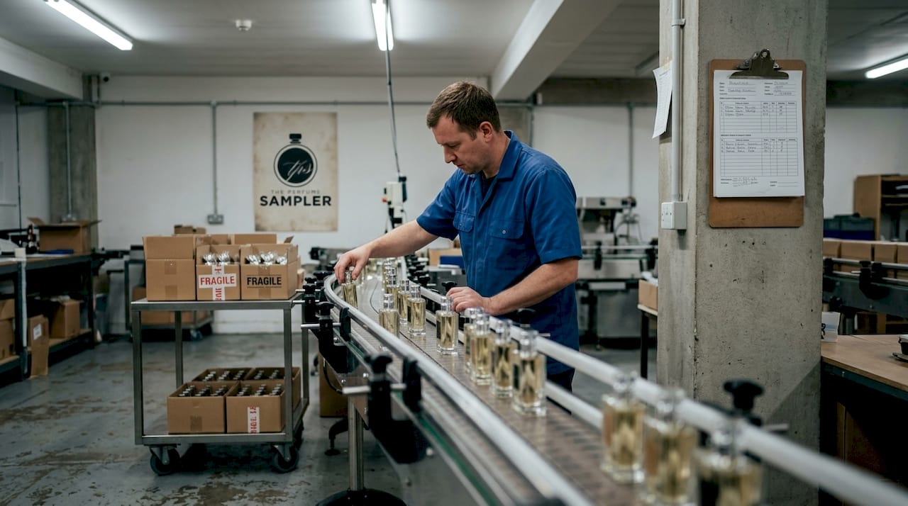 Worker inspects perfume bottles on production line