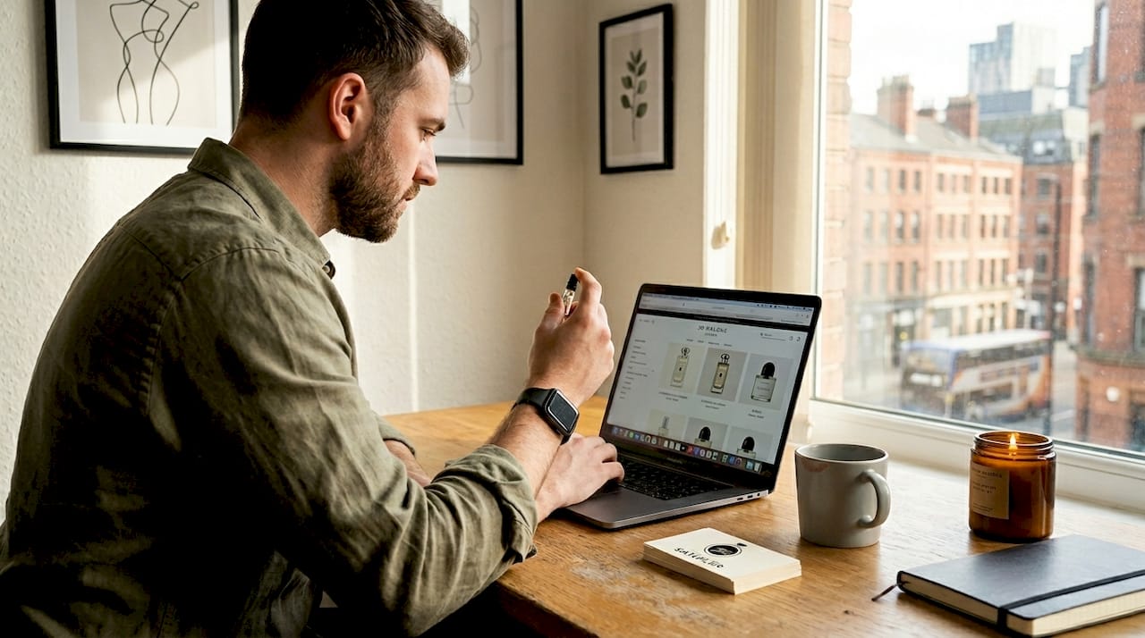 Man exploring travel perfumes at desk
