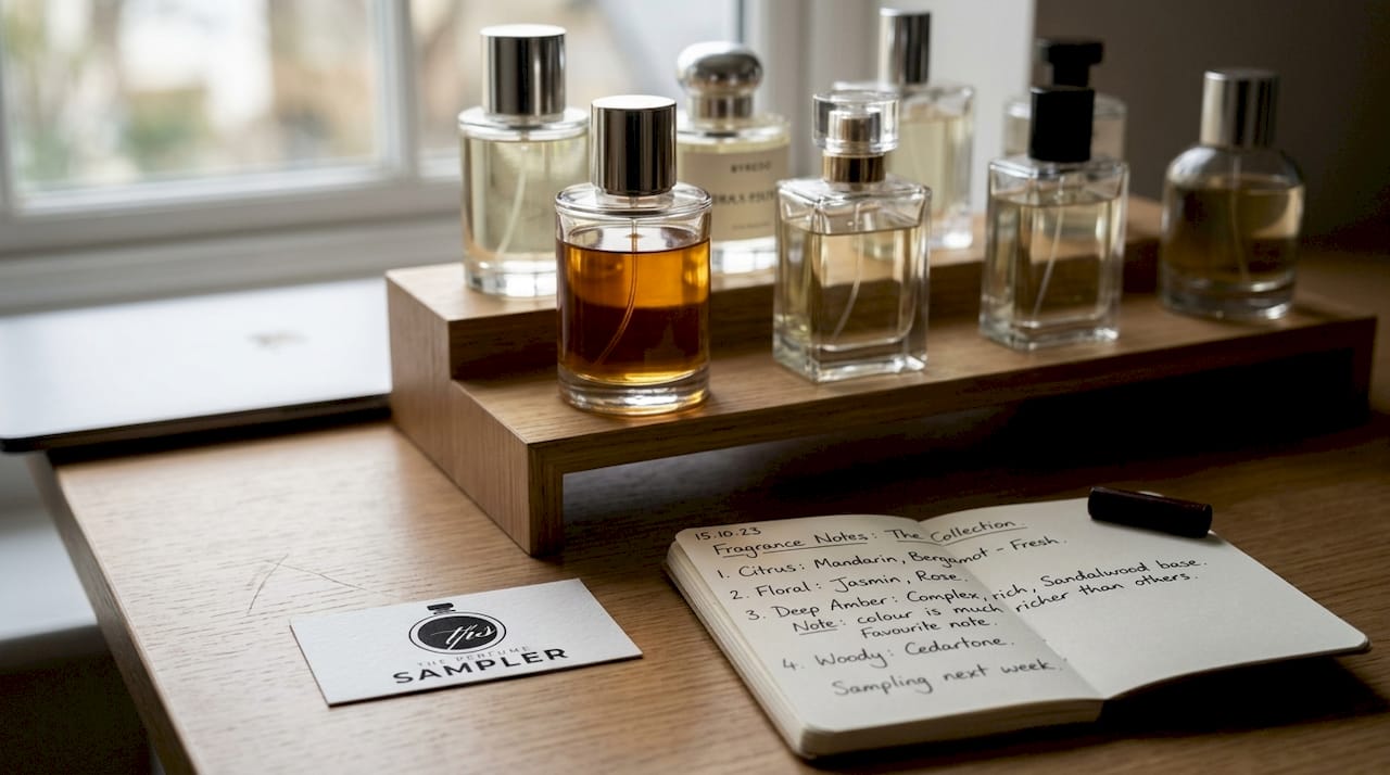 Perfume shelf with bottles showing color change