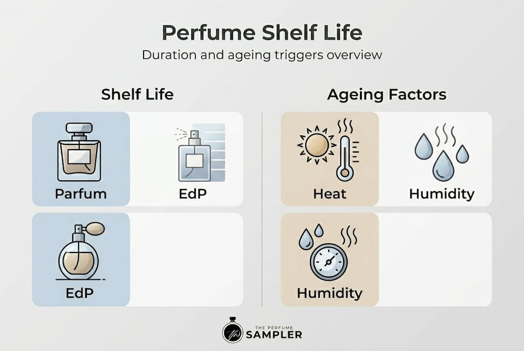 Infographic showing perfume shelf life and ageing triggers