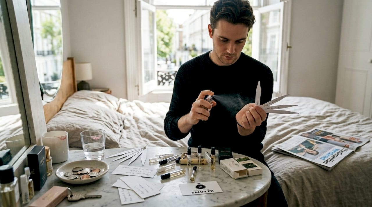 Man testing perfumes in bright home setting