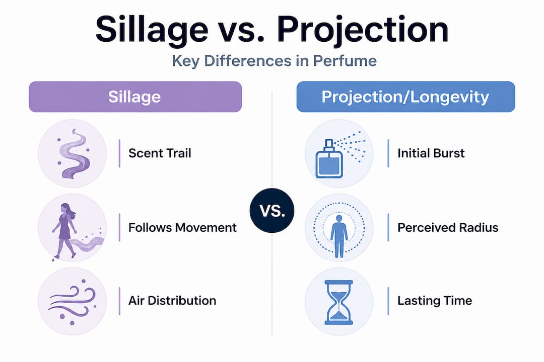 Infographic comparing sillage and projection in perfume