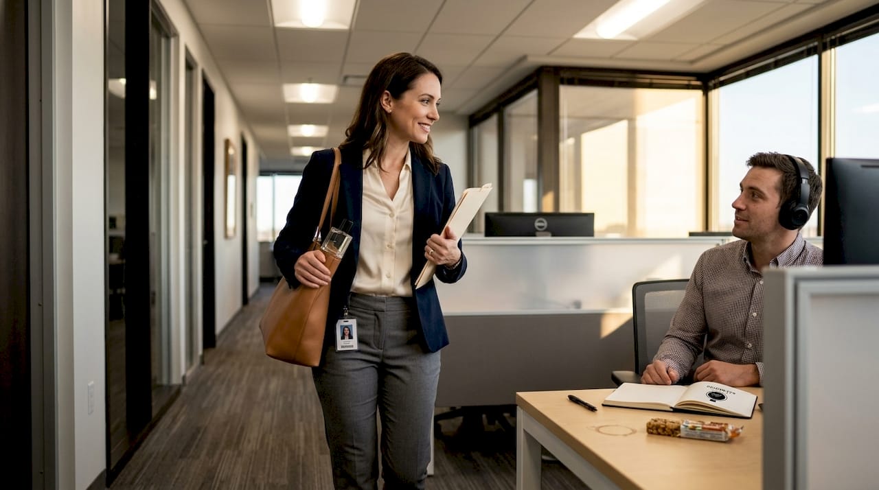 Professional walking in office with perfume in bag