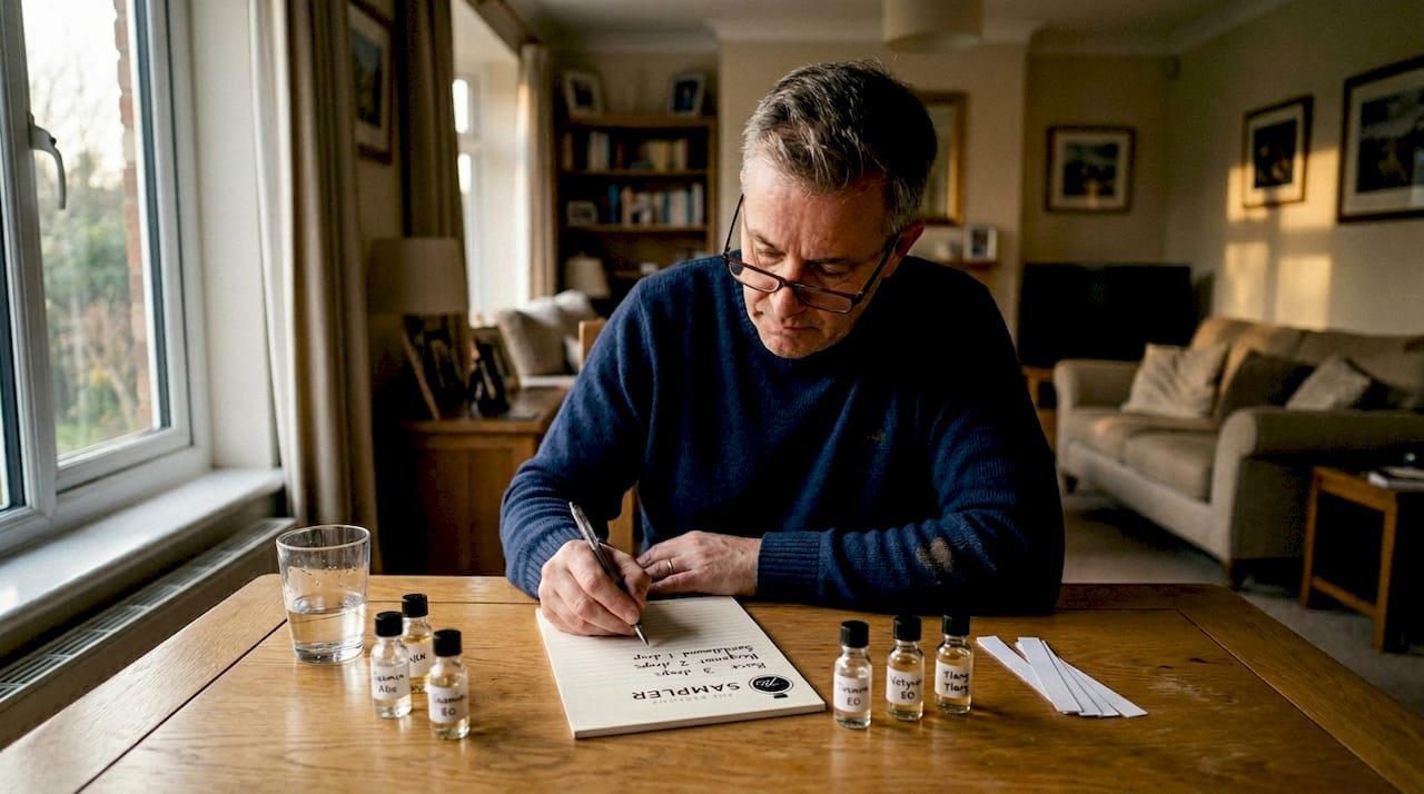 Man recording fragrance sample blends