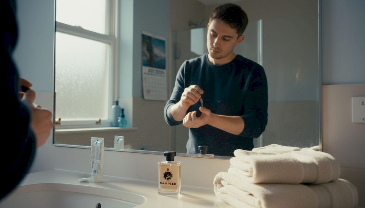 Man applying perfume, observing top notes