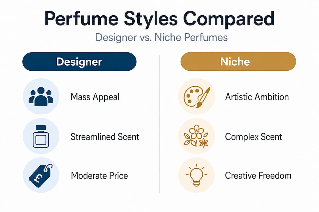 Infographic comparing designer and niche perfume styles