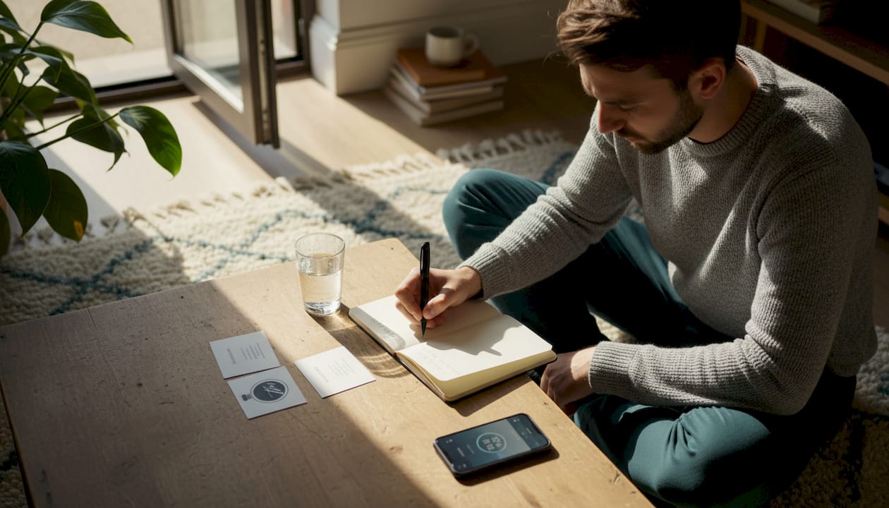 Man recording fragrance rankings in notebook