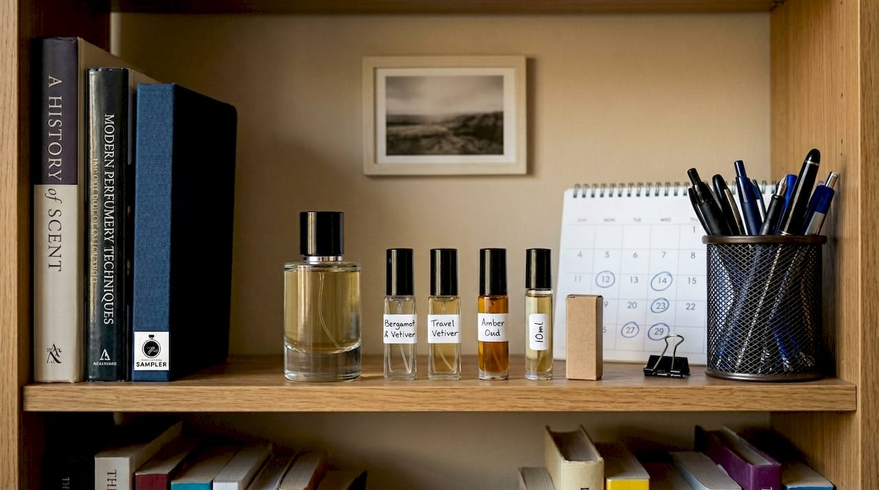 Fragrance bottles and decants on office bookshelf