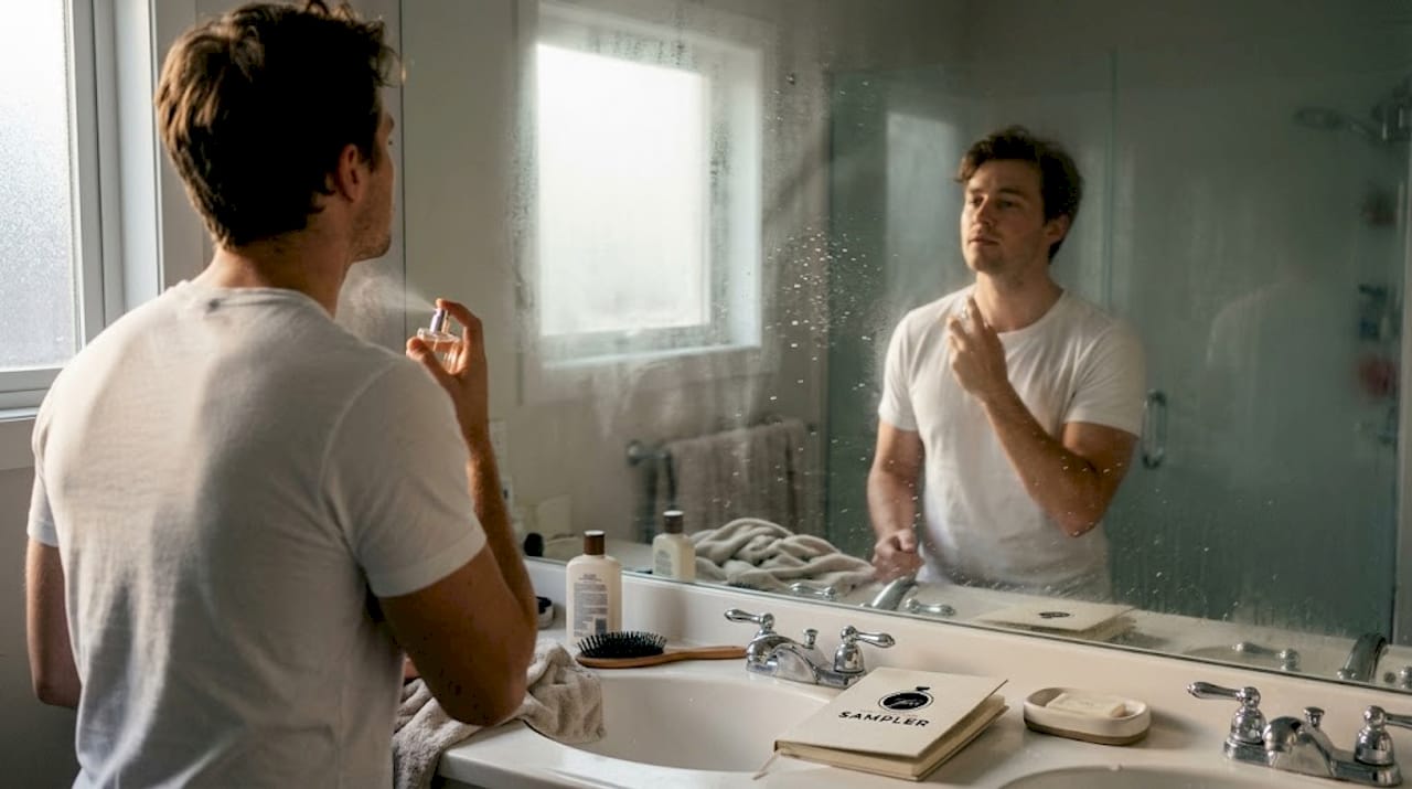 Man applying perfume to neck in bathroom