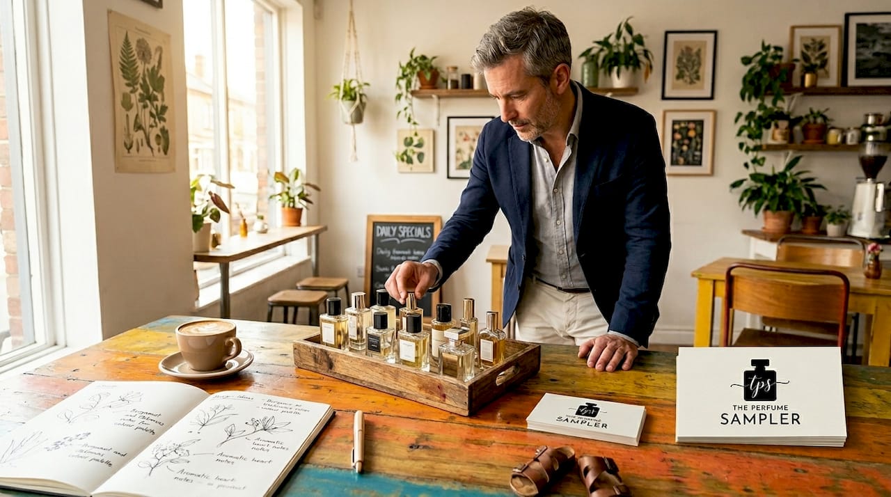 Man choosing perfume at creative workspace