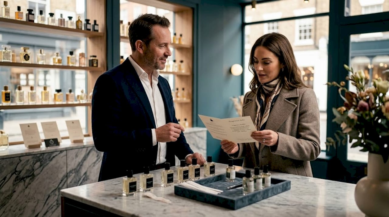 Fragrance consultant in boutique advising client