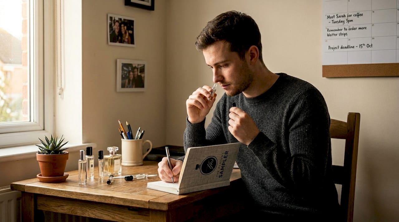 Man testing and journaling perfume scent at desk