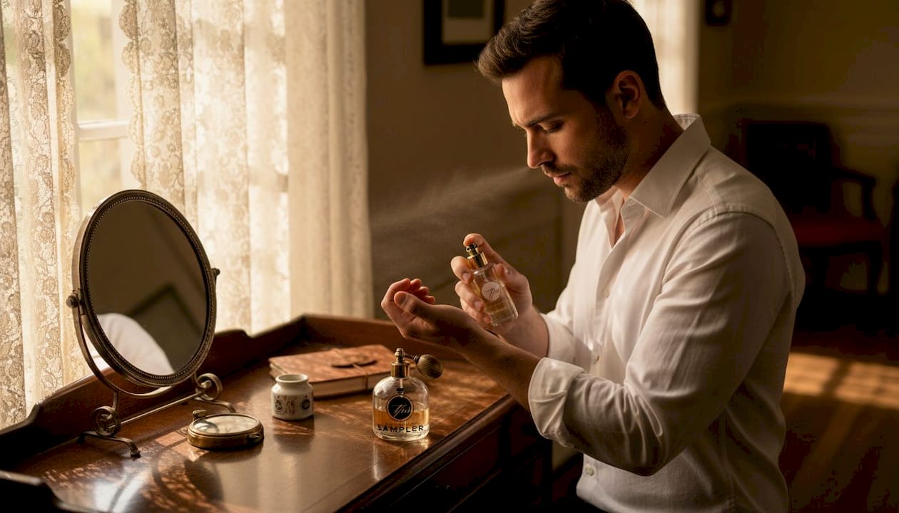 Man testing perfume scent on wrist