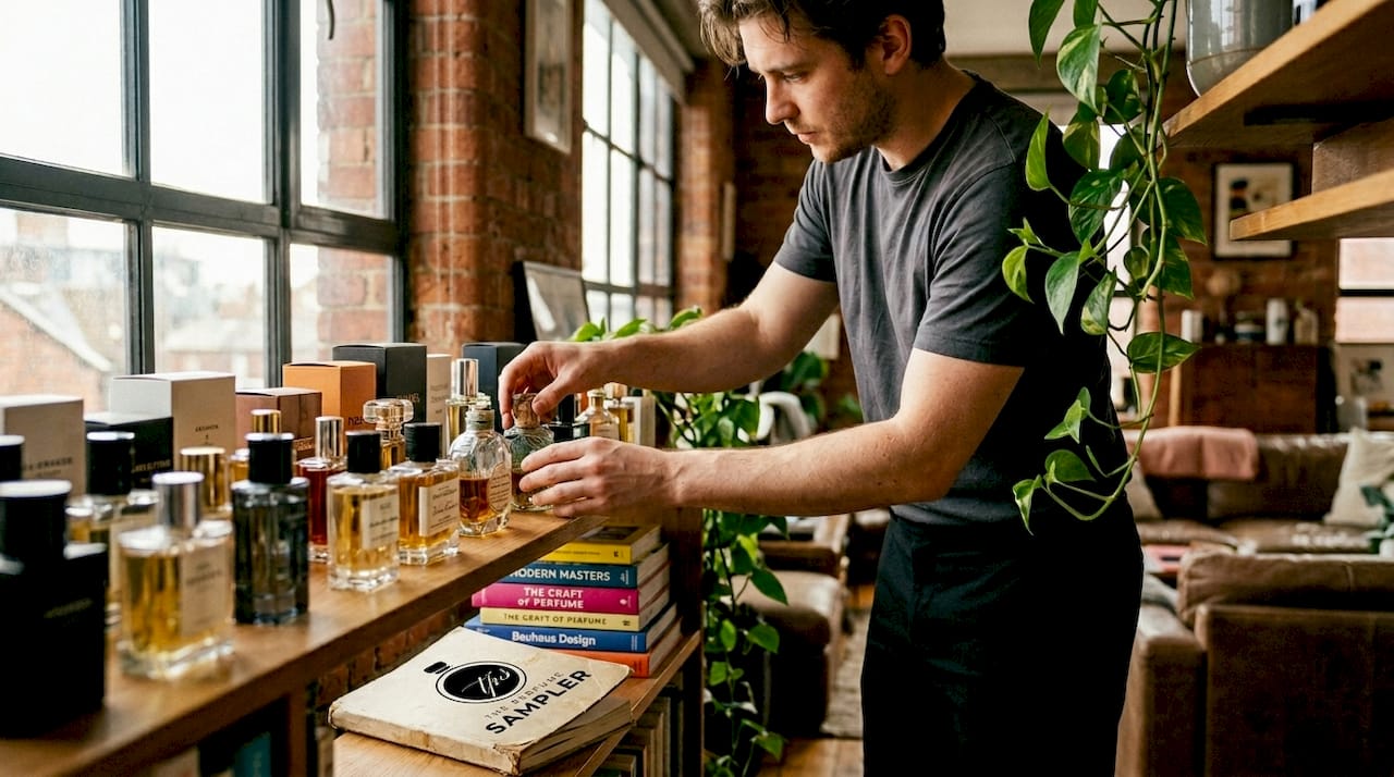 Man arranging perfumes on home living room shelf