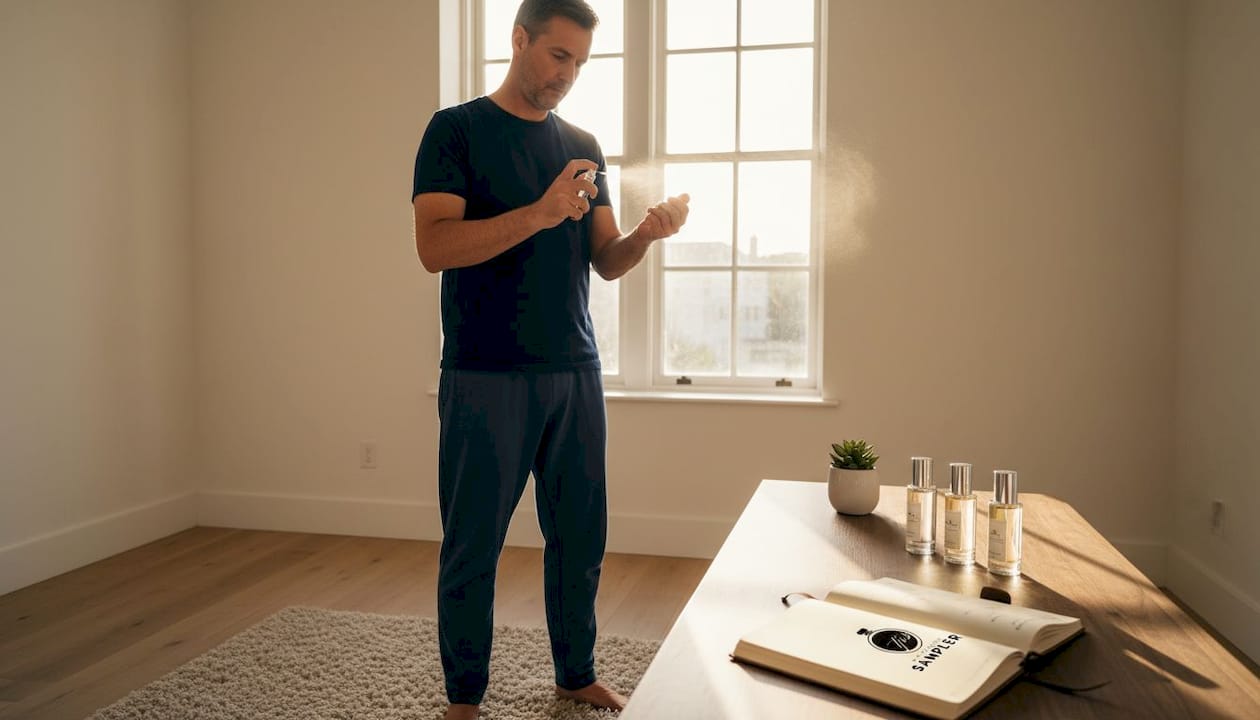 Man testing perfume on forearm at sink