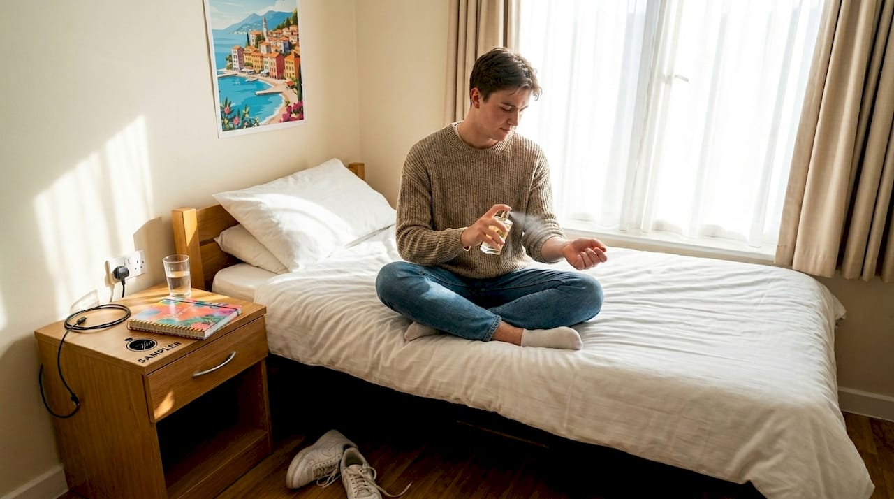 Student applies citrus perfume in dorm room
