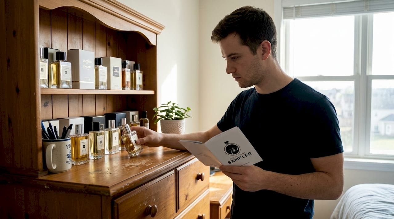 Man examining diverse perfume shelf at home