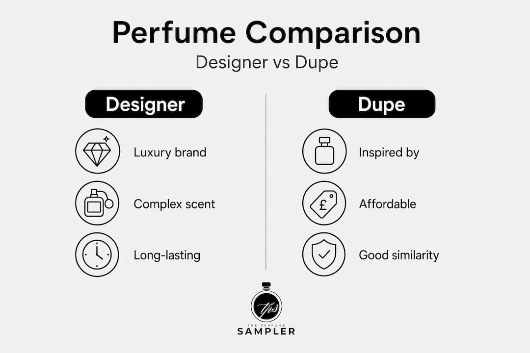Infographic comparing designer and dupe perfumes