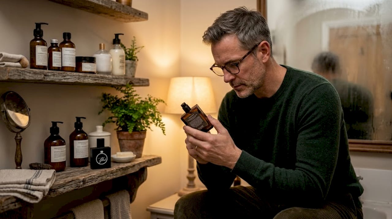 Man checking perfume bottle ingredients in bathroom