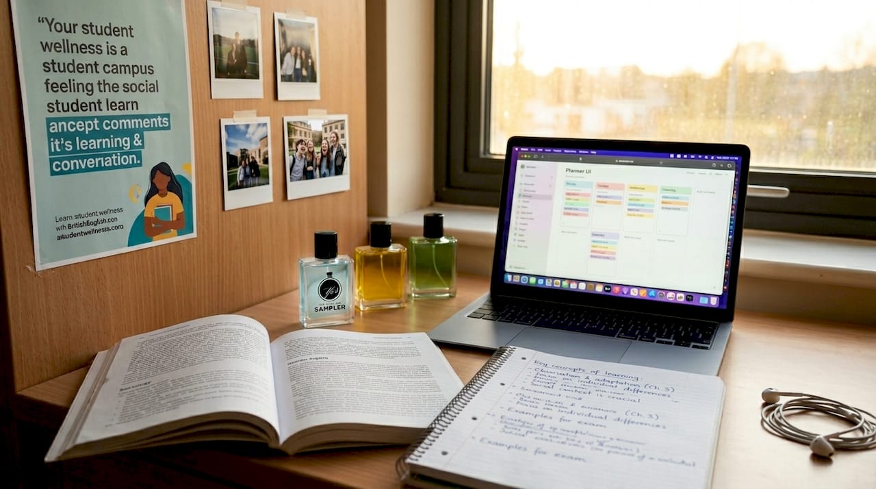 Fragrance bottles and study items on dorm desk