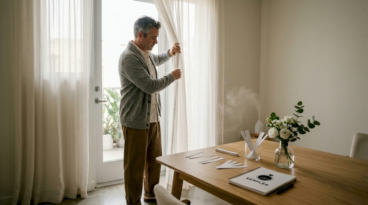 Man adjusting window for fragrance testing environment