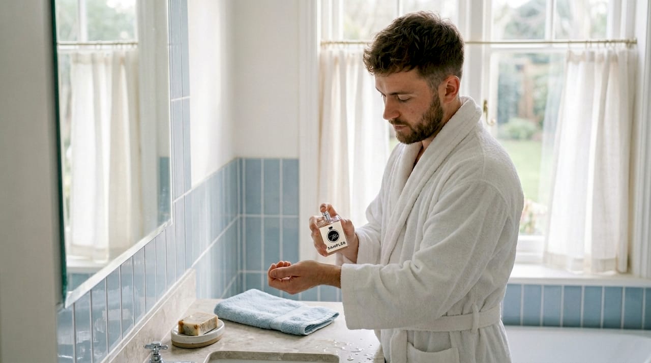 Man applying perfume after shower in bathroom